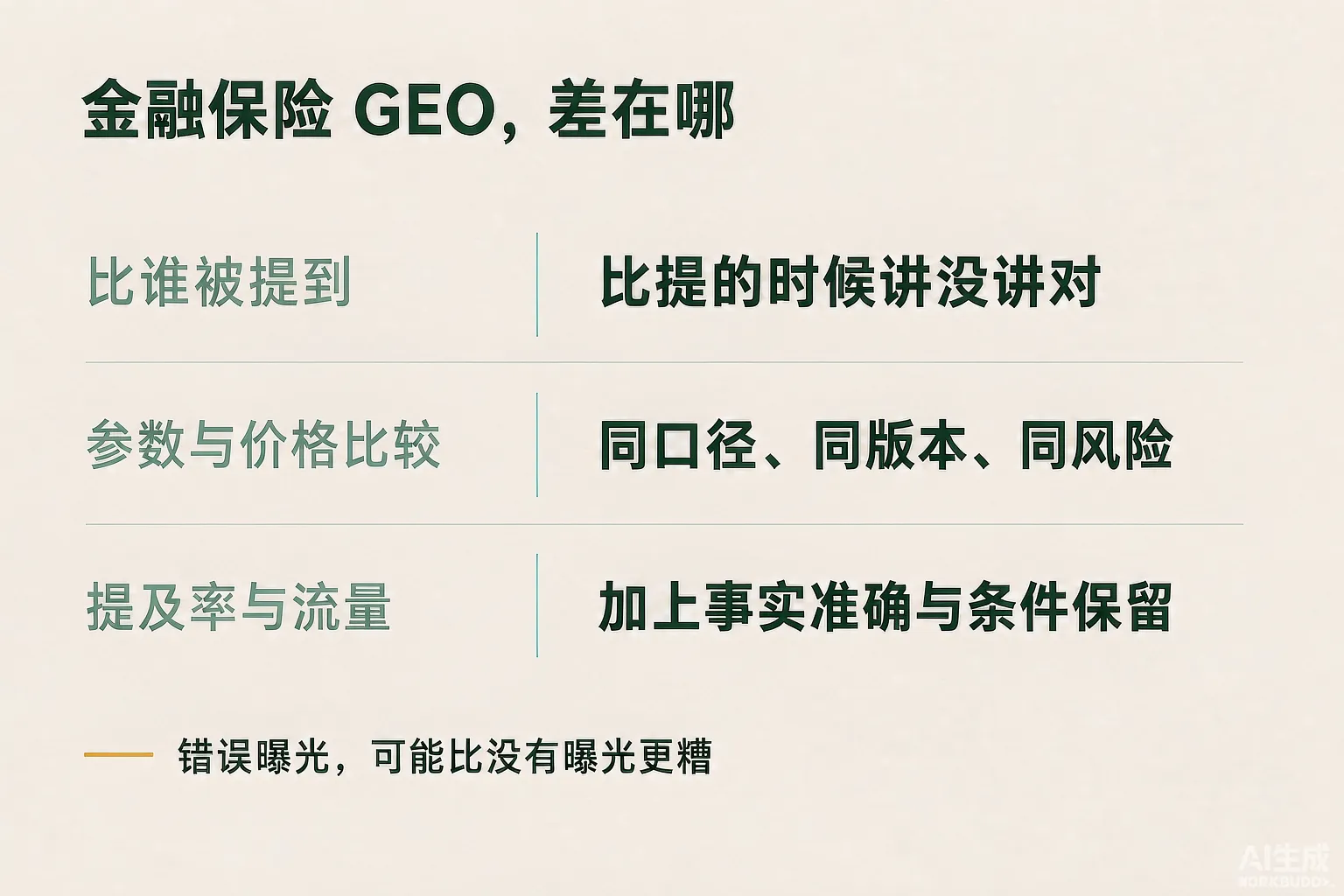 金融保险与普通行业 GEO 的三组差异：比谁被提到对比提的时候讲没讲对、参数价格对比同口径、提及率对比加上准确性