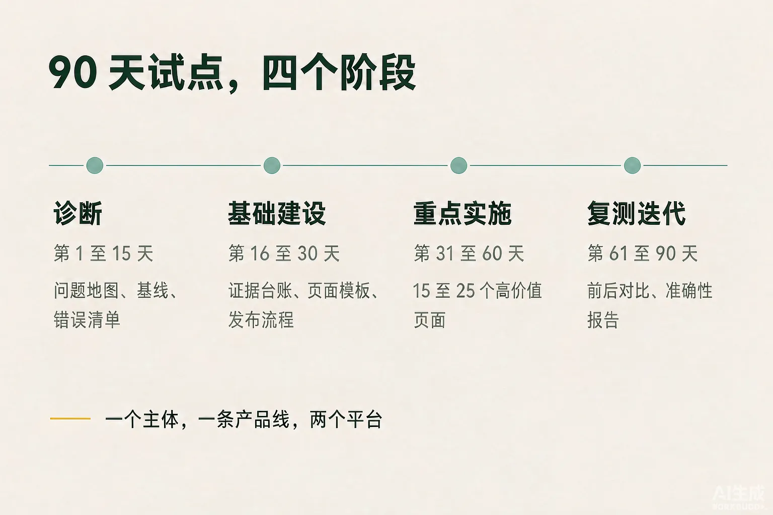 90 天试点四阶段时间轴：诊断、基础建设、重点实施、复测迭代及各自交付物